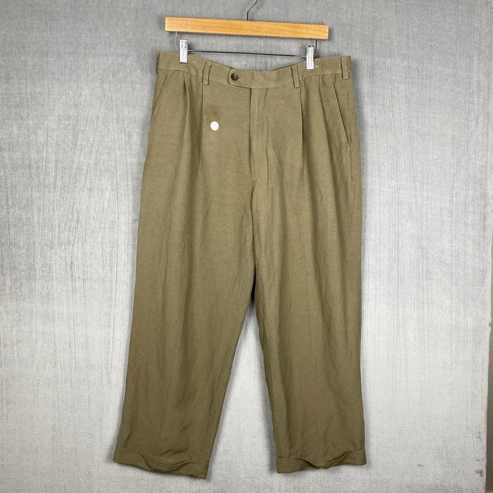 Vtg Perry Ellis Trousers Mens 34x25 Linen Blend Pleated Cuffed Khaki Coastal
